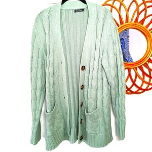 Long Cable Knit Cardigan Sweater Button Down EUC XL
